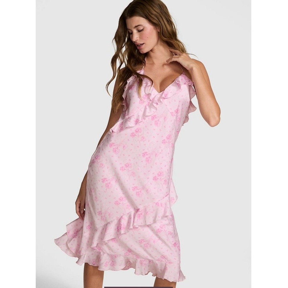 PINK X LoveShackFancy NWT Coquette Satin Ruffle Midi Dress Women's Large